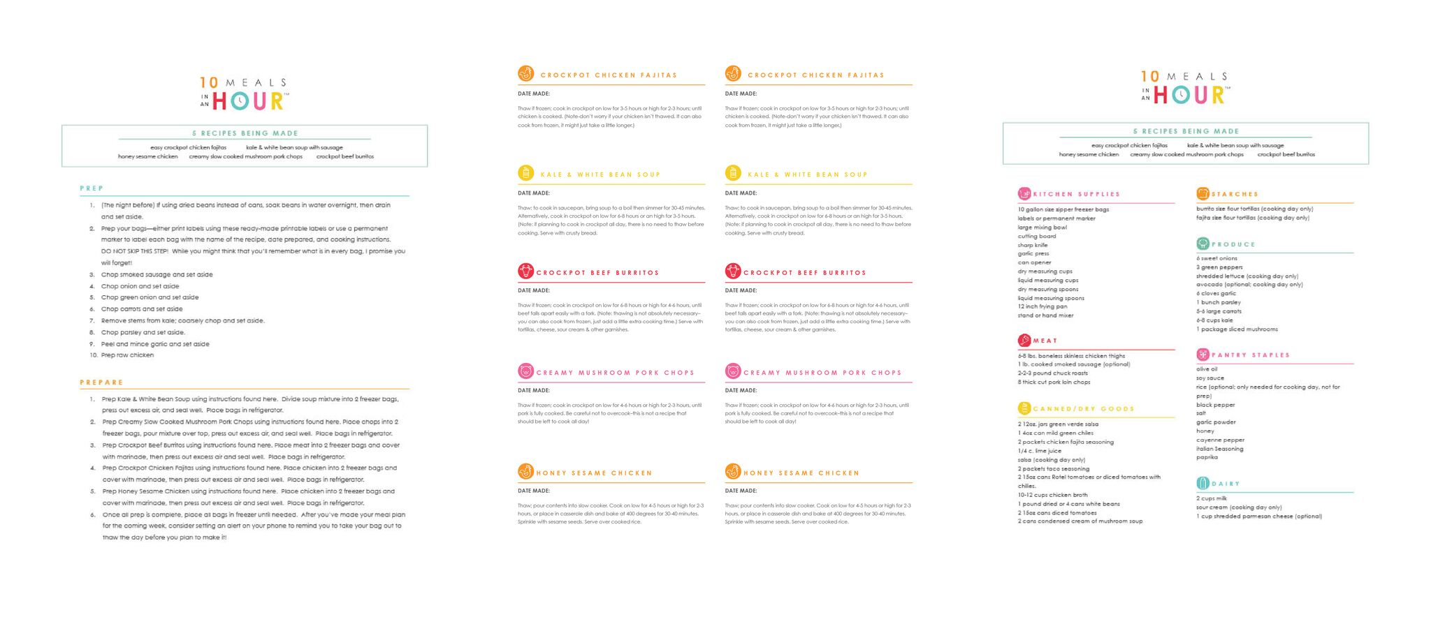 These sheets are full of meal ideas that only take one hour total to prepare.