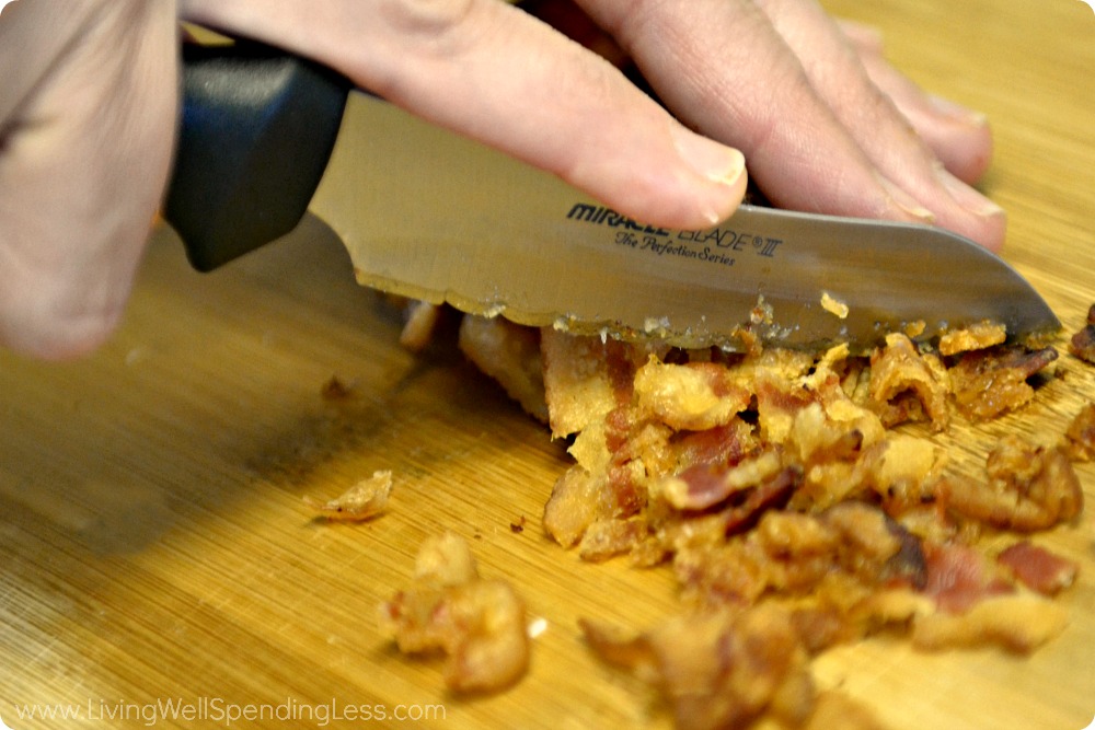 Dice bacon into crumble sized pieces.