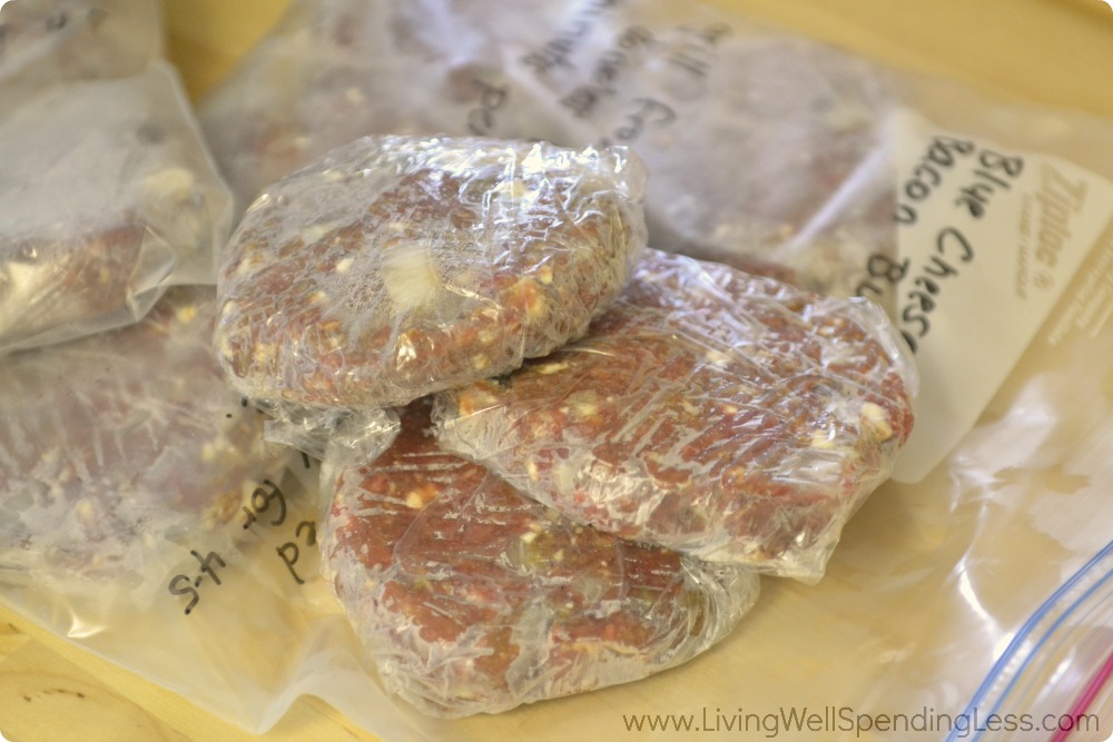 To freeze the burgers, wrap each individual patty in saran wrap and store in two gallon-sized freezer bags. 