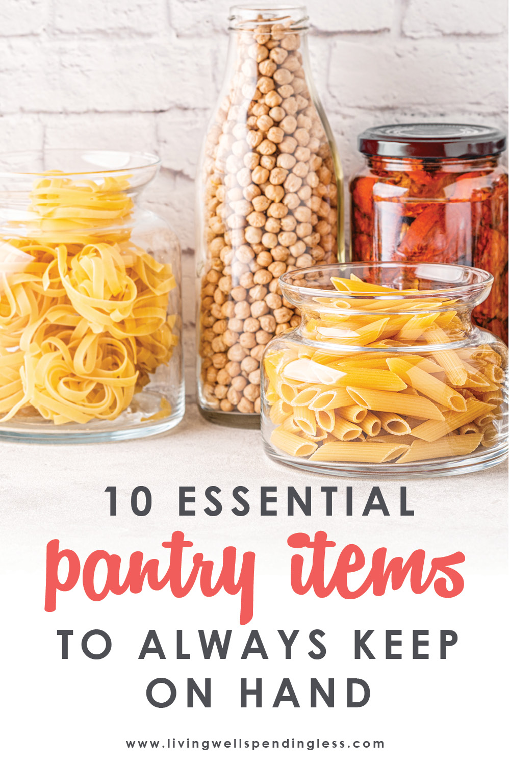 A well-stocked pantry can be a lifesaver, literally. Having additional dry food storage on hand helps you feel prepared and allows you to whip up budget-friendly meals on the fly, no pre-planning required! If you've ever wondered what you need to stock up on, you will not want to miss this helpful list of 10 pantry staples to always keep on hand!#pantrystaples #mealprep #pantrybudget