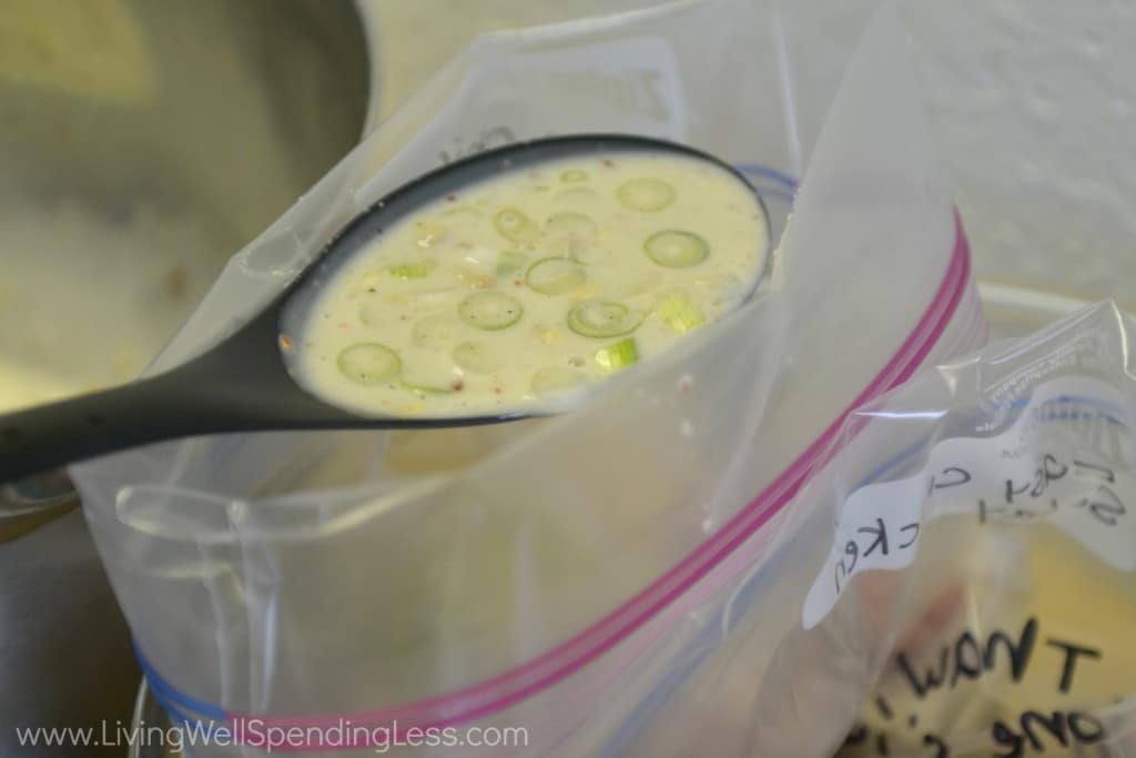 Divide chicken into freezer bags and add liquid mixture. 