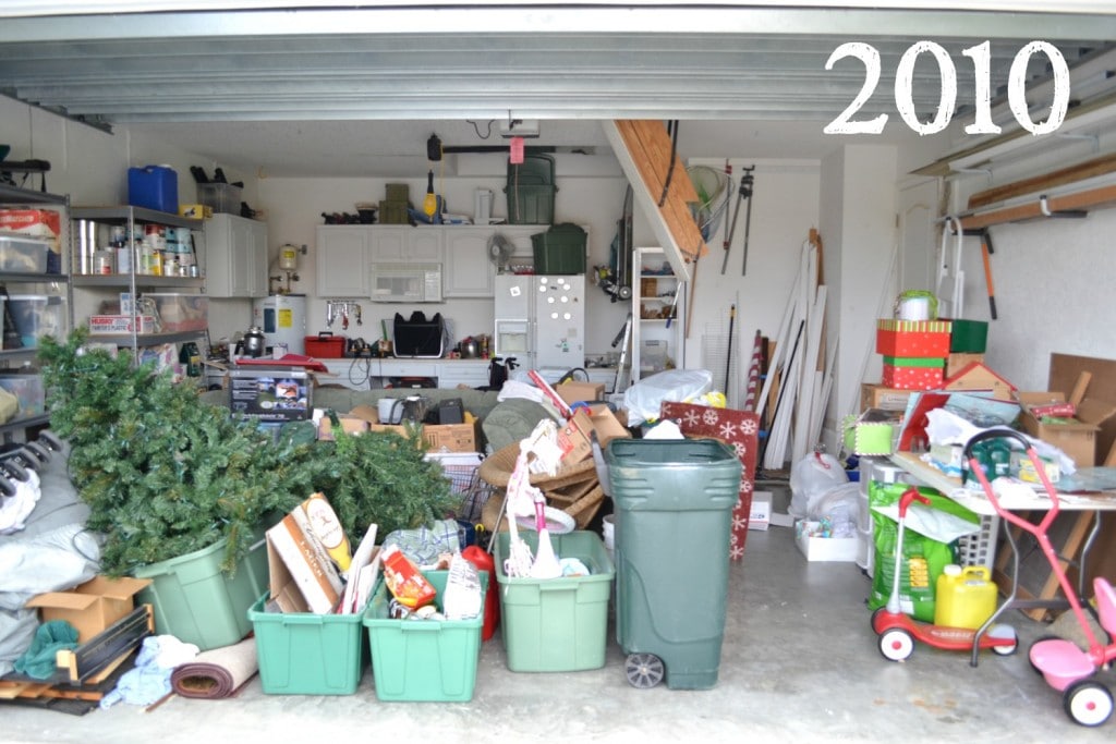 Our very messy garage before we deep cleaned: there's not even room for the car!