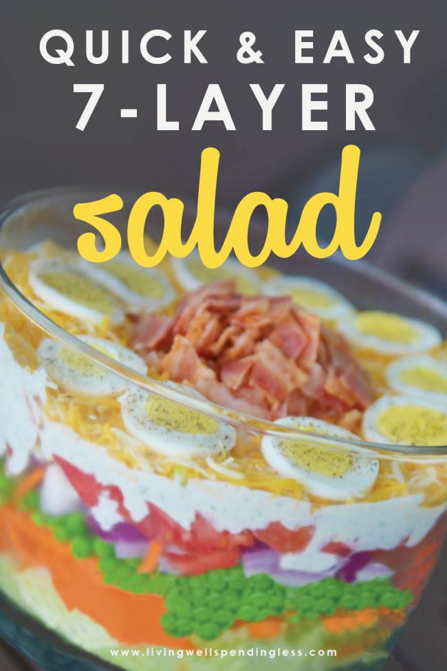 This easy seven layer salad recipe is a show stopper for any buffet table. The dressing and toppings are a huge hit with everyone and the salad looks beautiful when layered in a clear glass bowl. 