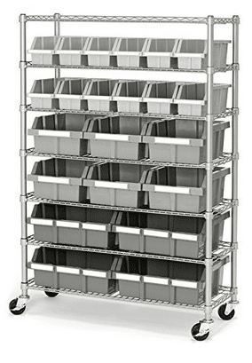 Heavy duty bins help sort every item in the garage and keep tools organized. 