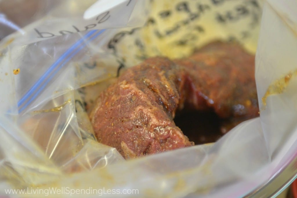 Marinate steak in bag for at least 30 minutes or longer.