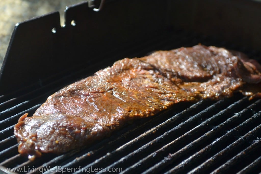 Grill seasoned steak until cooked. 