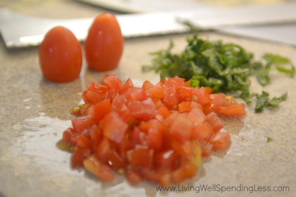 First you need to chop the tomatoes and basil for Tomato Basil Mayo.