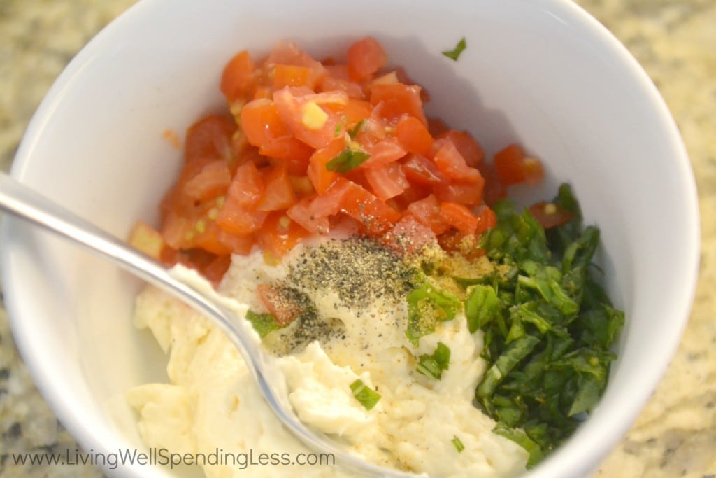 The next easy step for Tomato Basil Mayo is to mix all of the ingredients together. 