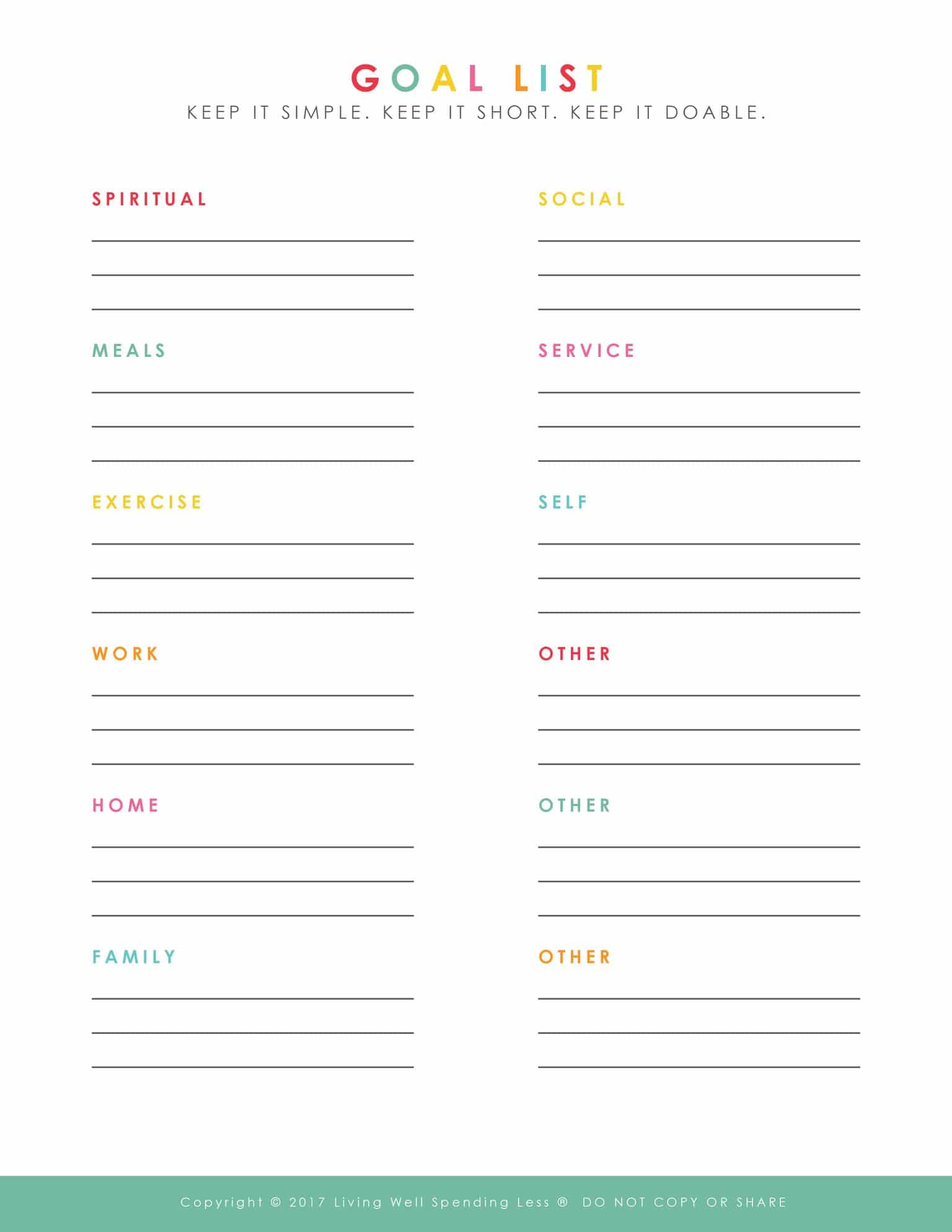 Printable goal list