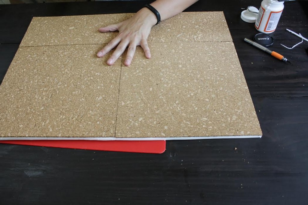 Assemble cork tiles together into one even square. 