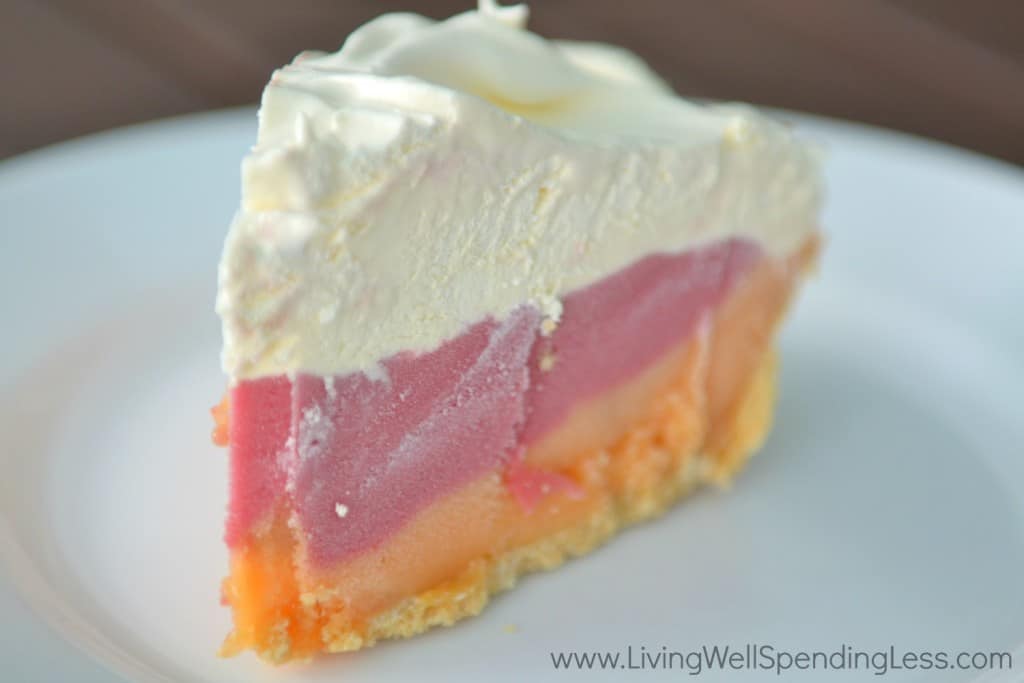 Slice and serve sorbet pie on plate. 