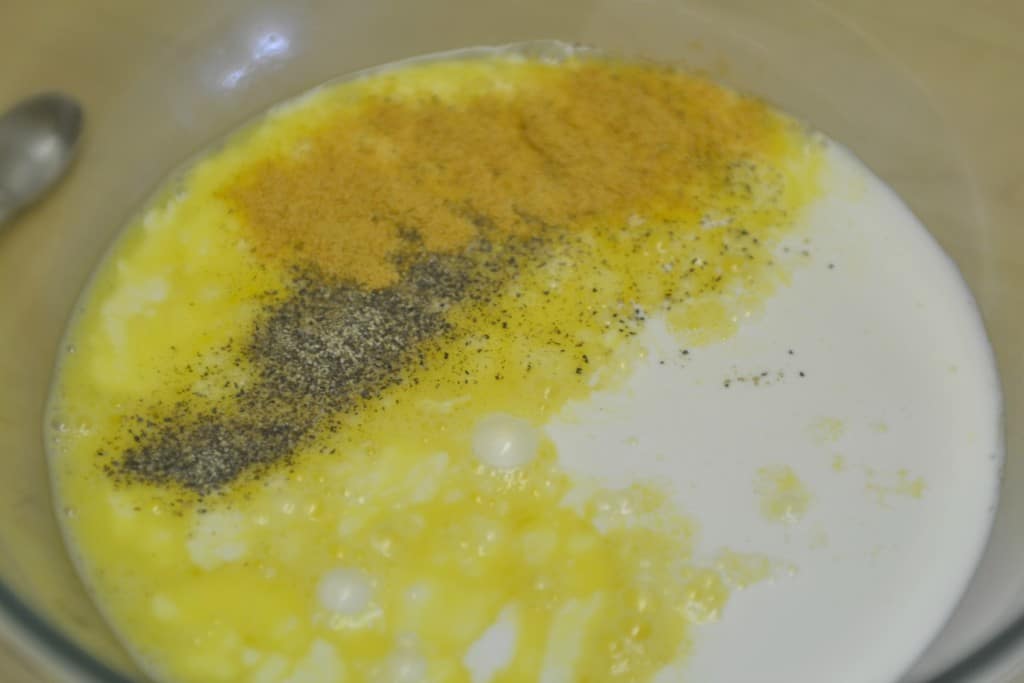 Mix the eggs, cream, milk and seasonings until thoroughly blended.