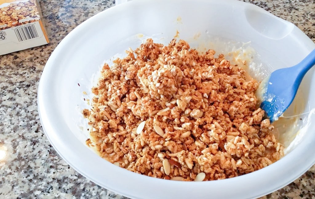 Fold honey almond cereal into melted peanut butter mixture
