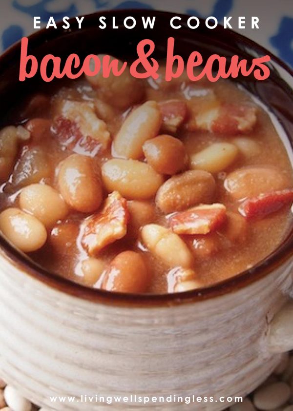 With just a few budget-friendly easy ingredients, these ridiculously delicious Slow-Cooker Bacon & Beans come together in minutes, then freeze beautifully until you're ready to throw them into the crockpot, no pre-soaking, or thawing required. It seriously could not be any easier! The perfect simple dish to warm your crowd this winter!