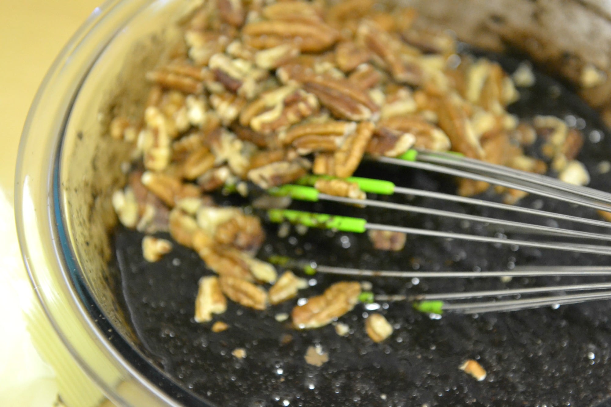 Stir chopped pecans into the pecan pie mixture