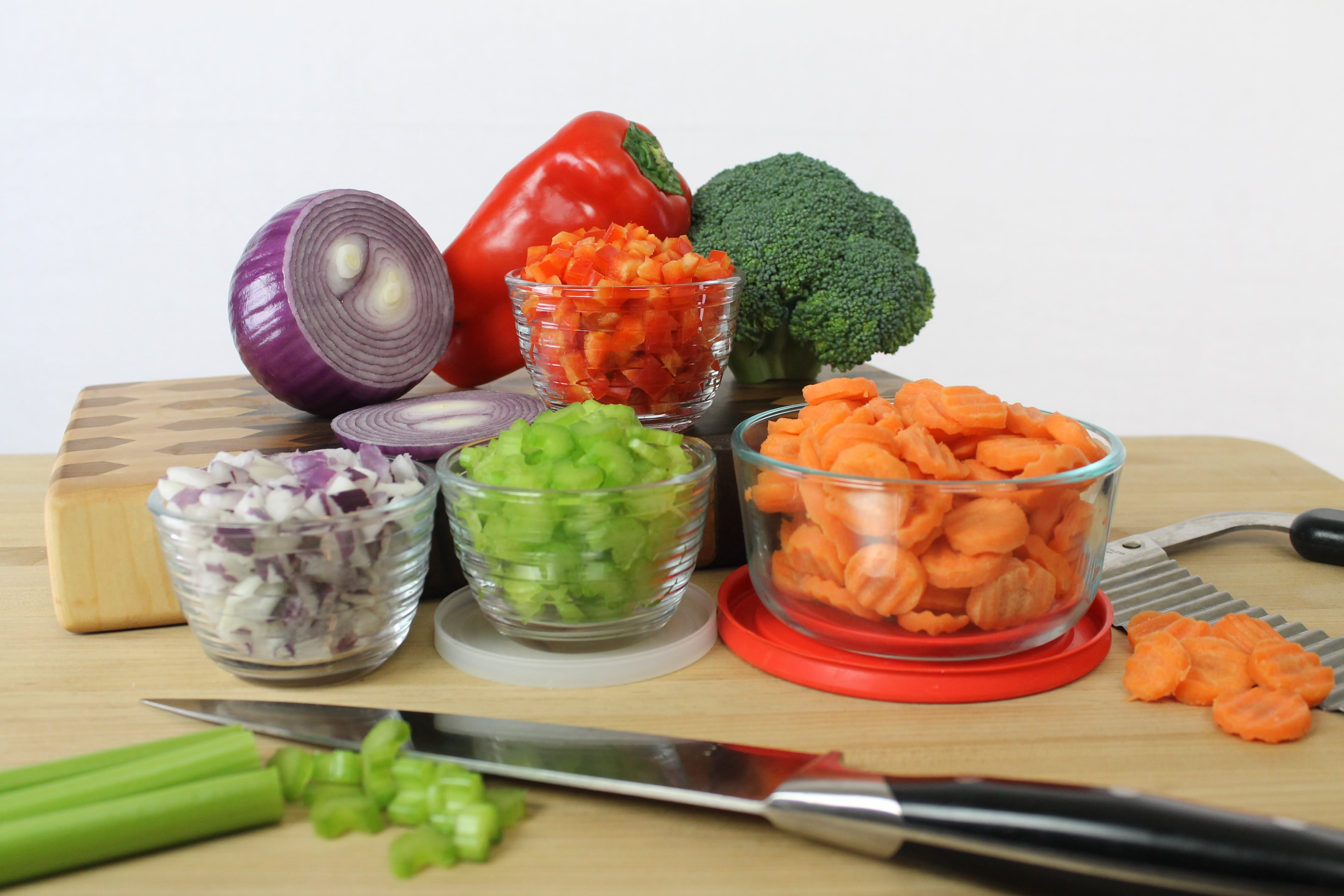 Chop onions, celery, pepper, carrots and other veggies ahead of time and store them in glass containers to make meal prep easy. 