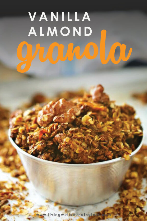 Need a new breakfast option? This homemade vanilla almond granola is delicious and the perfect addition to fresh fruit or yogurt! #granola #homemadegranola #yogurtparfait #cereal #recipes #breakfastrecipes #vanillarecipes #granolarecipes #easyrecipes #healthyrecipes