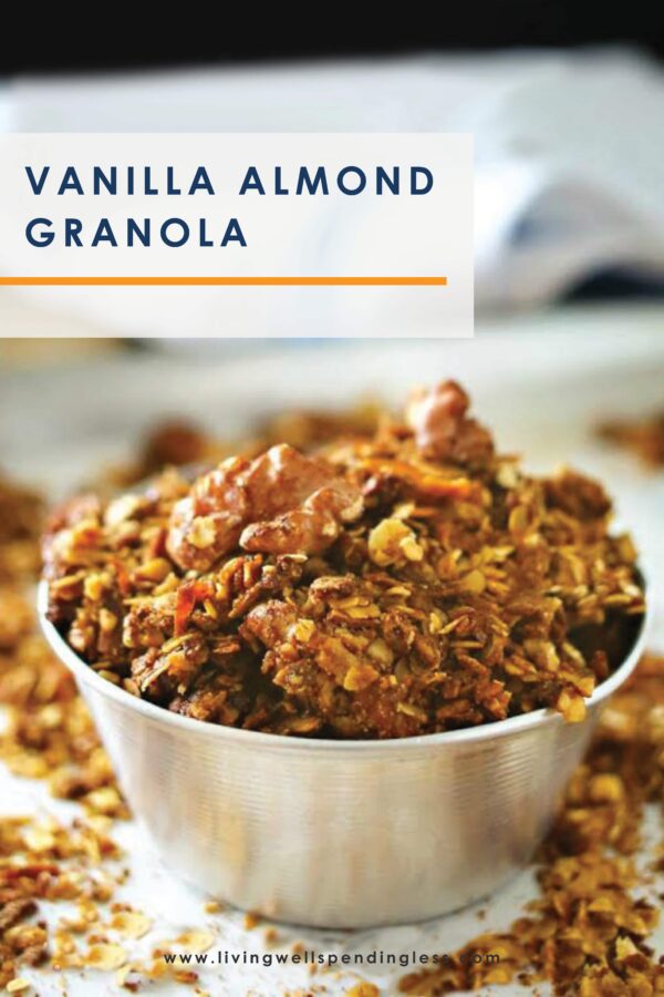 Need a new breakfast option? This homemade vanilla almond granola is delicious and the perfect addition to fresh fruit or yogurt! #granola #homemadegranola #yogurtparfait #cereal #recipes #breakfastrecipes #vanillarecipes #granolarecipes #easyrecipes #healthyrecipes