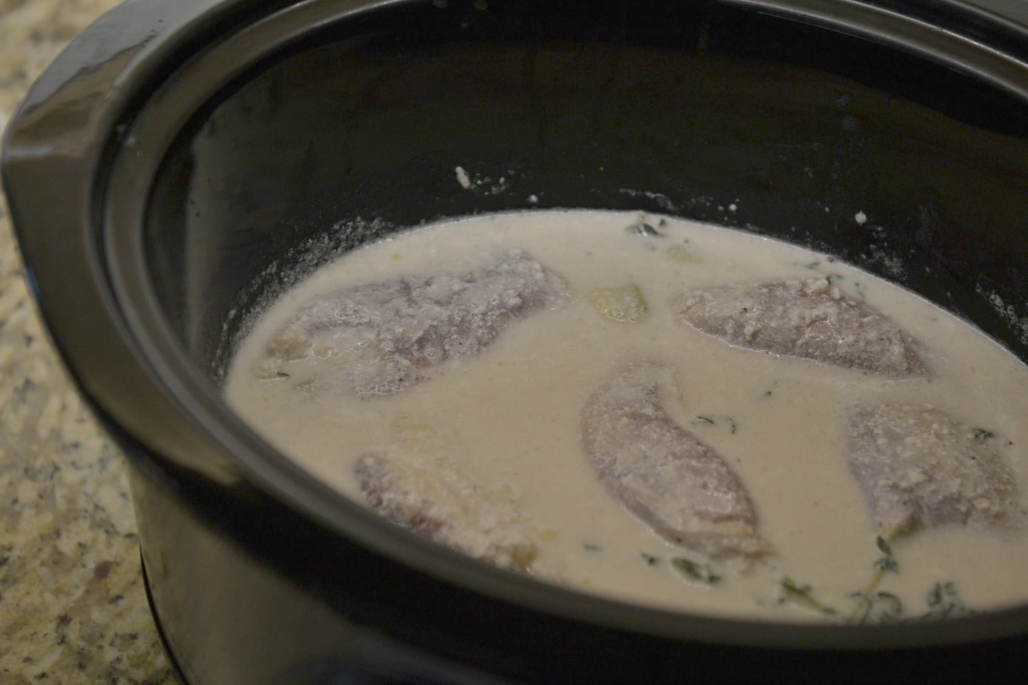 On cooking day, place frozen garlic chicken and sauce directly into crockpot.