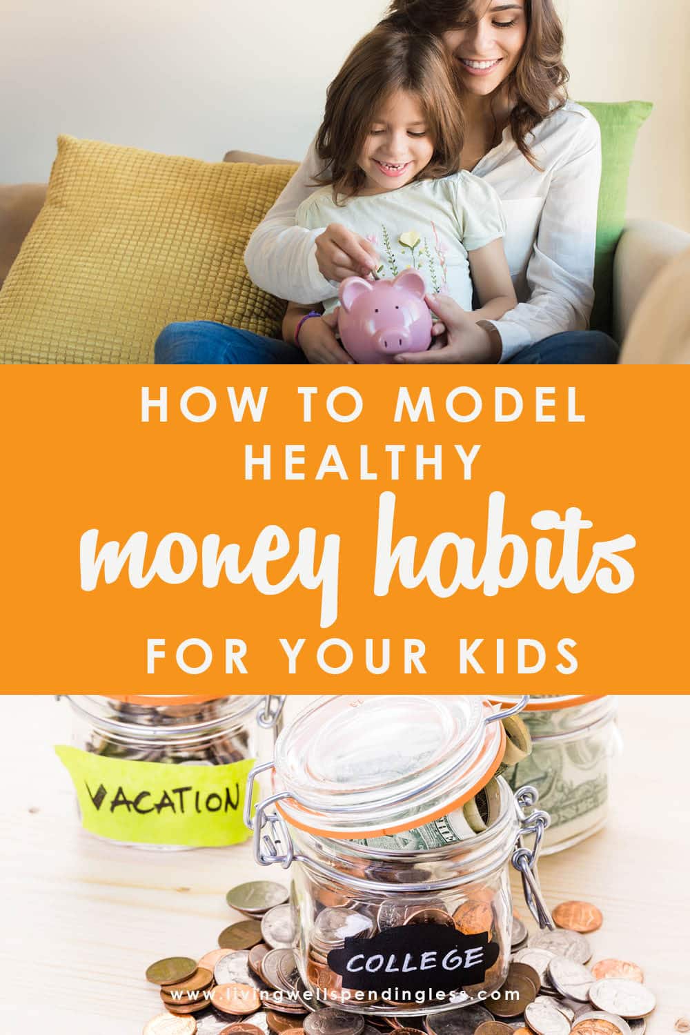 Want your kids to grow up knowing how to handle money? Believe it or not, your actions as a parent speak far louder than your words, and those little eyes are watching everything you do. Don't miss these simple but practical tips for how to model healthy money habits for your kids--it's a must-read for every parent! #healthymoneyhabits #moneyandkids #parenting #moneysavingtips #teachkidsaboutmoney