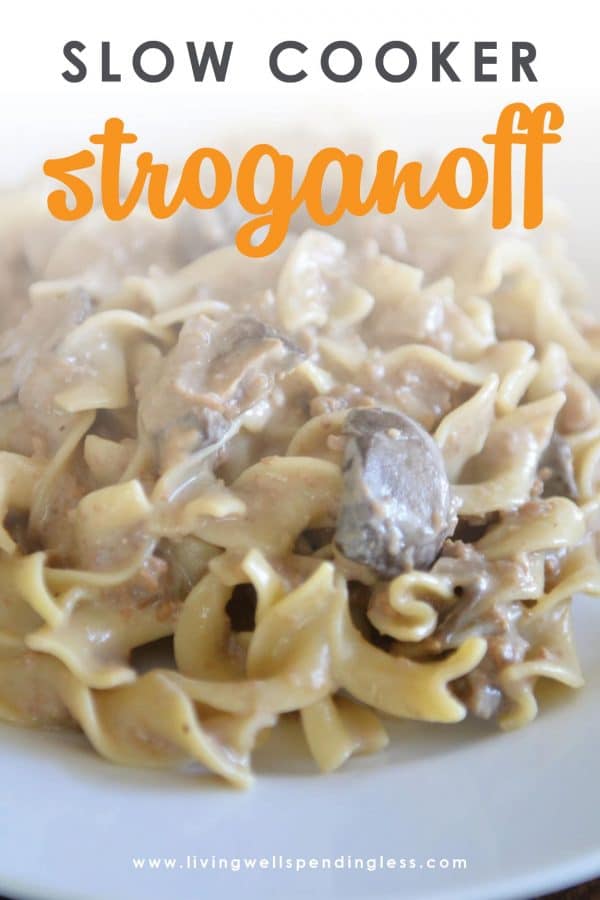 Craving comfort food? This delicious slow cooker stroganoff can be assembled in minutes then frozen ahead so it is ready when you are. On cooking day, simply throw it straight into the slow cooker, then serve over noodles for a hearty home cooked meal your whole family will love!