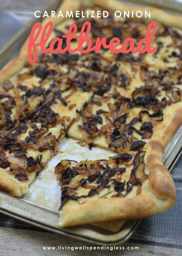 This super simple caramelized onion flatbread comes together quickly with just five easy (and inexpensive) ingredients! Bursting with flavor, it is perfect as a side but hearty enough to stand on its own. 