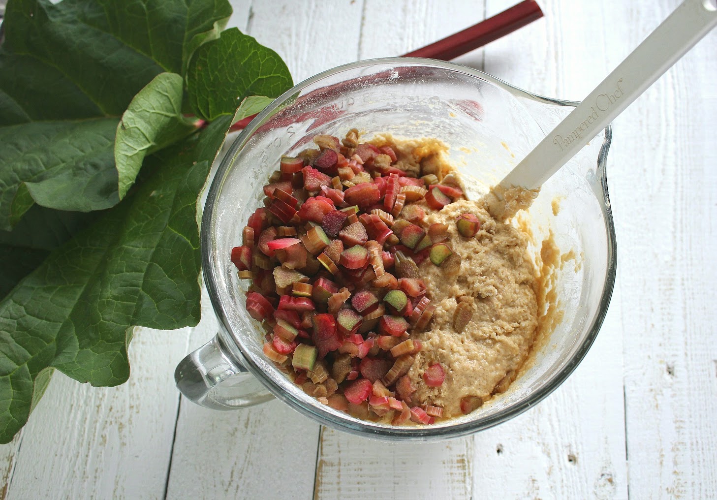 Fold the diced rhubarb into the batter. 