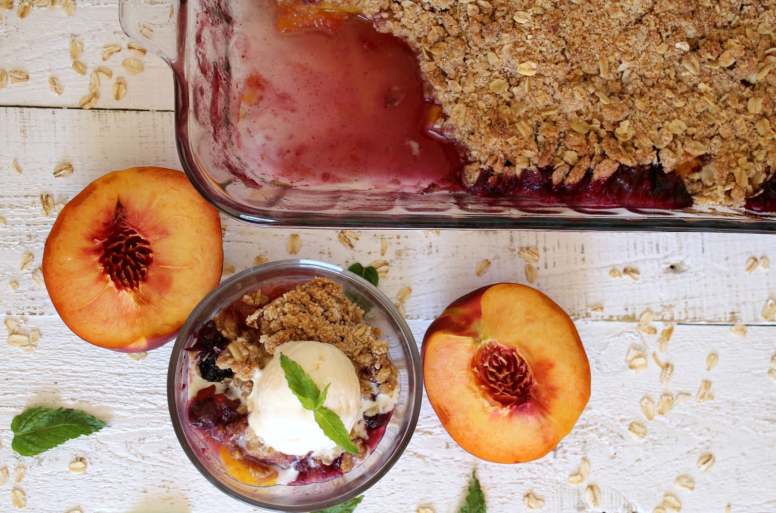 This peach and blueberry crumble makes a perfect summer dessert, especially when topped with a scoop of vanilla ice cream. 