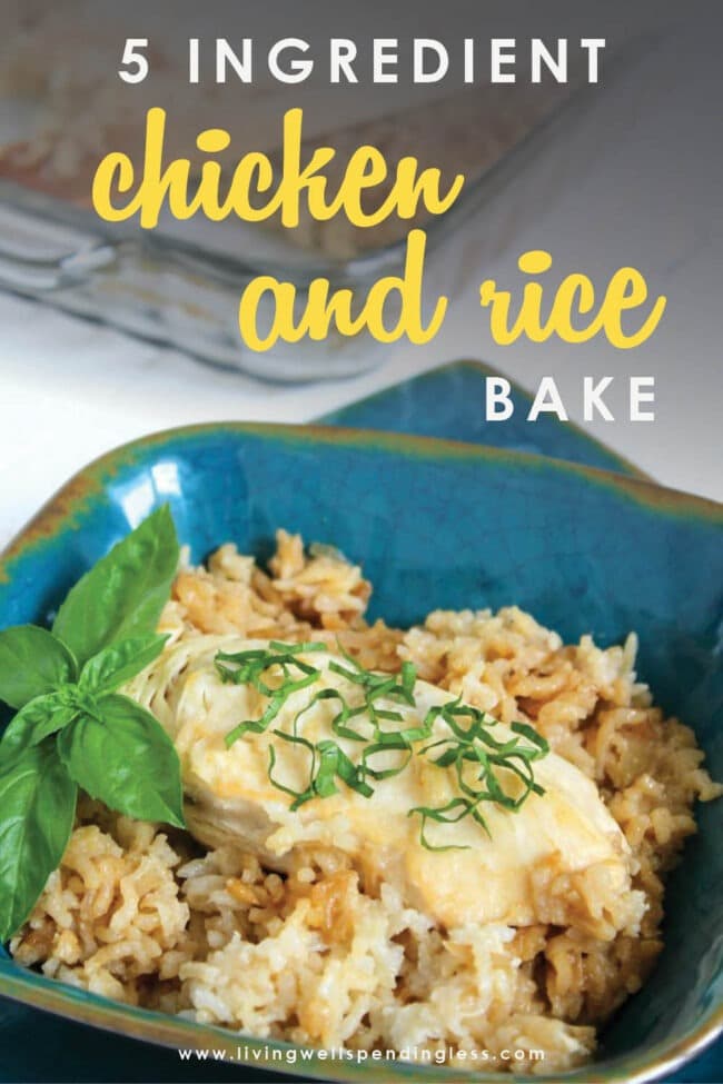 This delicious 5-Ingredient Chicken and Rice Bake whips up fast using a handful of pantry staples. Everyone will love this simple comfort meal! 