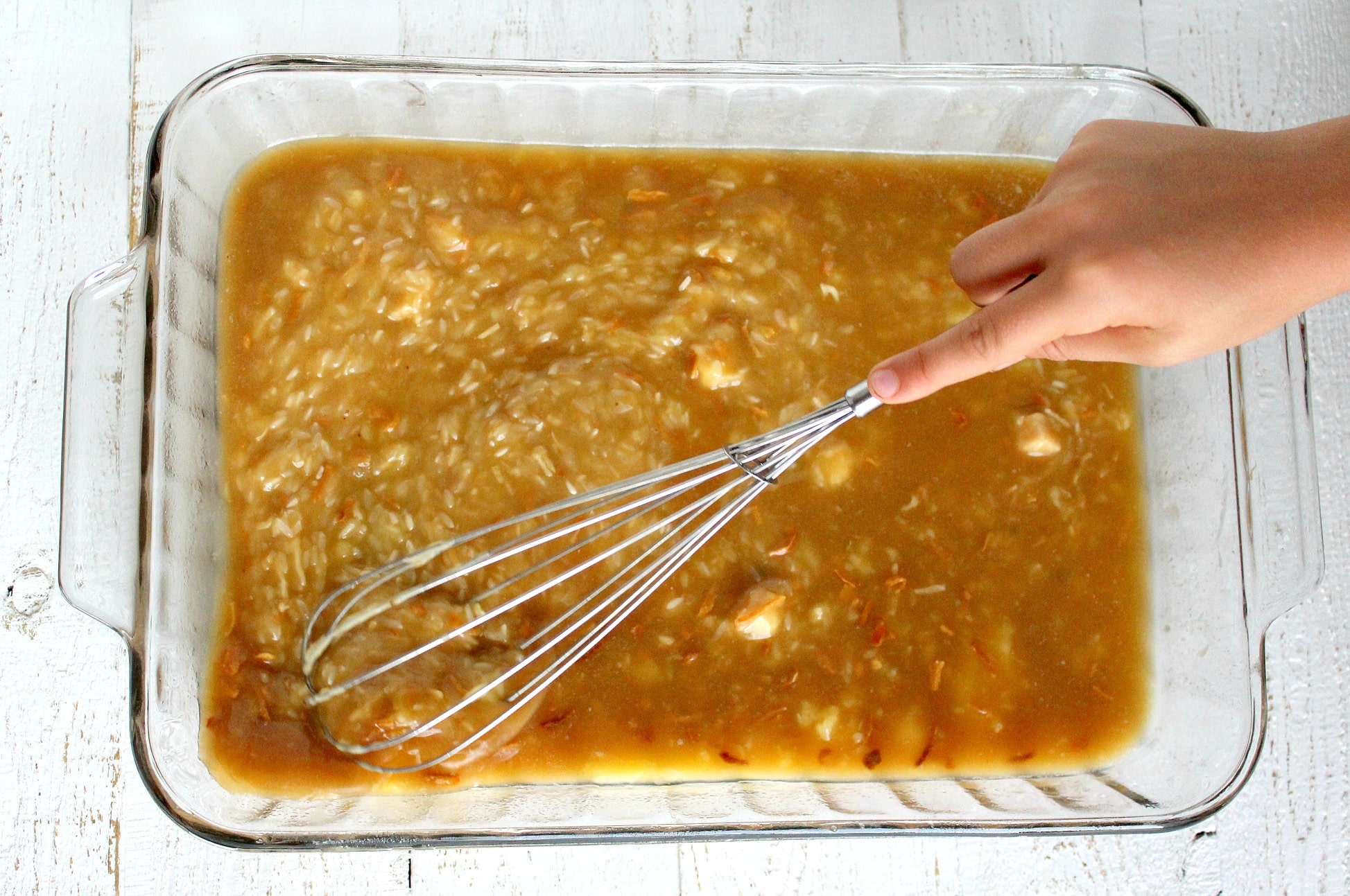 Whisk together the soup and onion mix right in the casserole dish. 