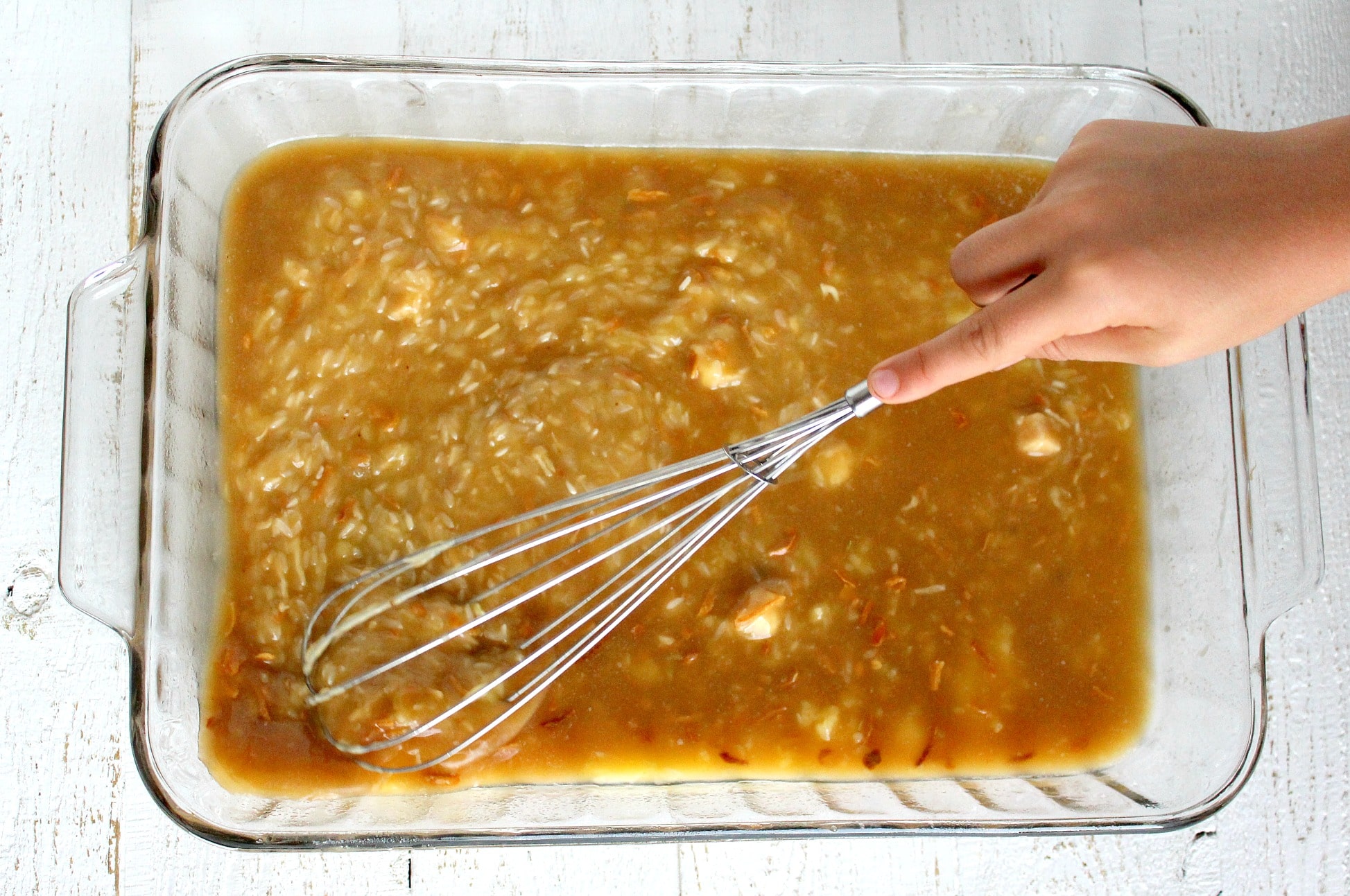 Whisk together the soup and onion mix right in the casserole dish. 