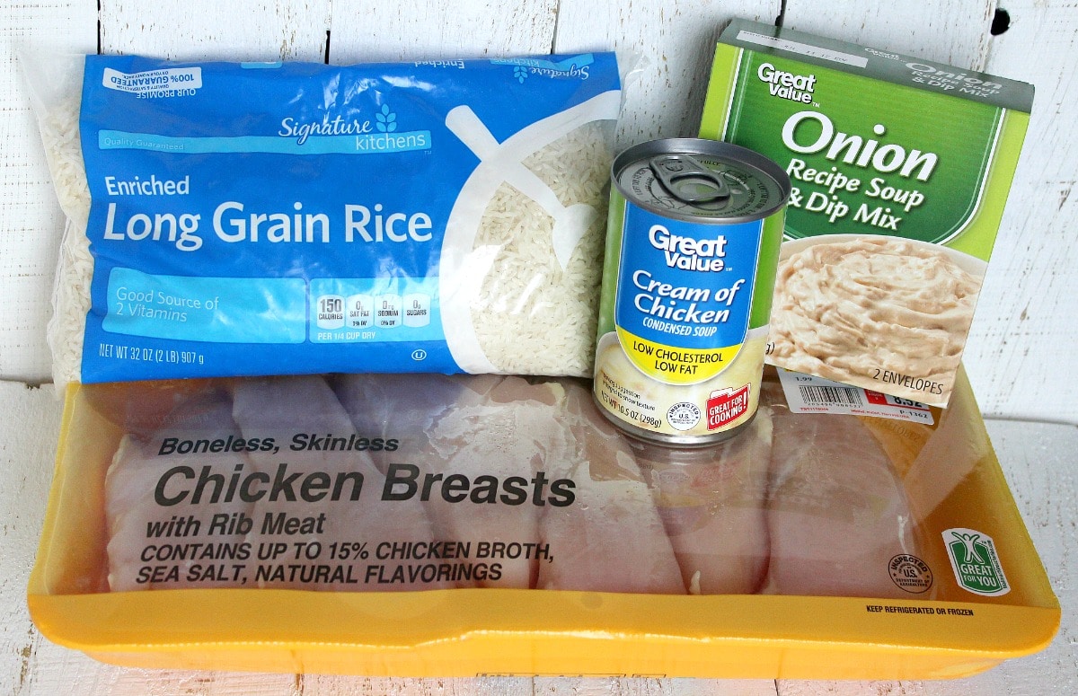 The simple ingredients for this rice and chicken bake: rice, chicken breasts, cream of chicken soup and onion dip mix. 