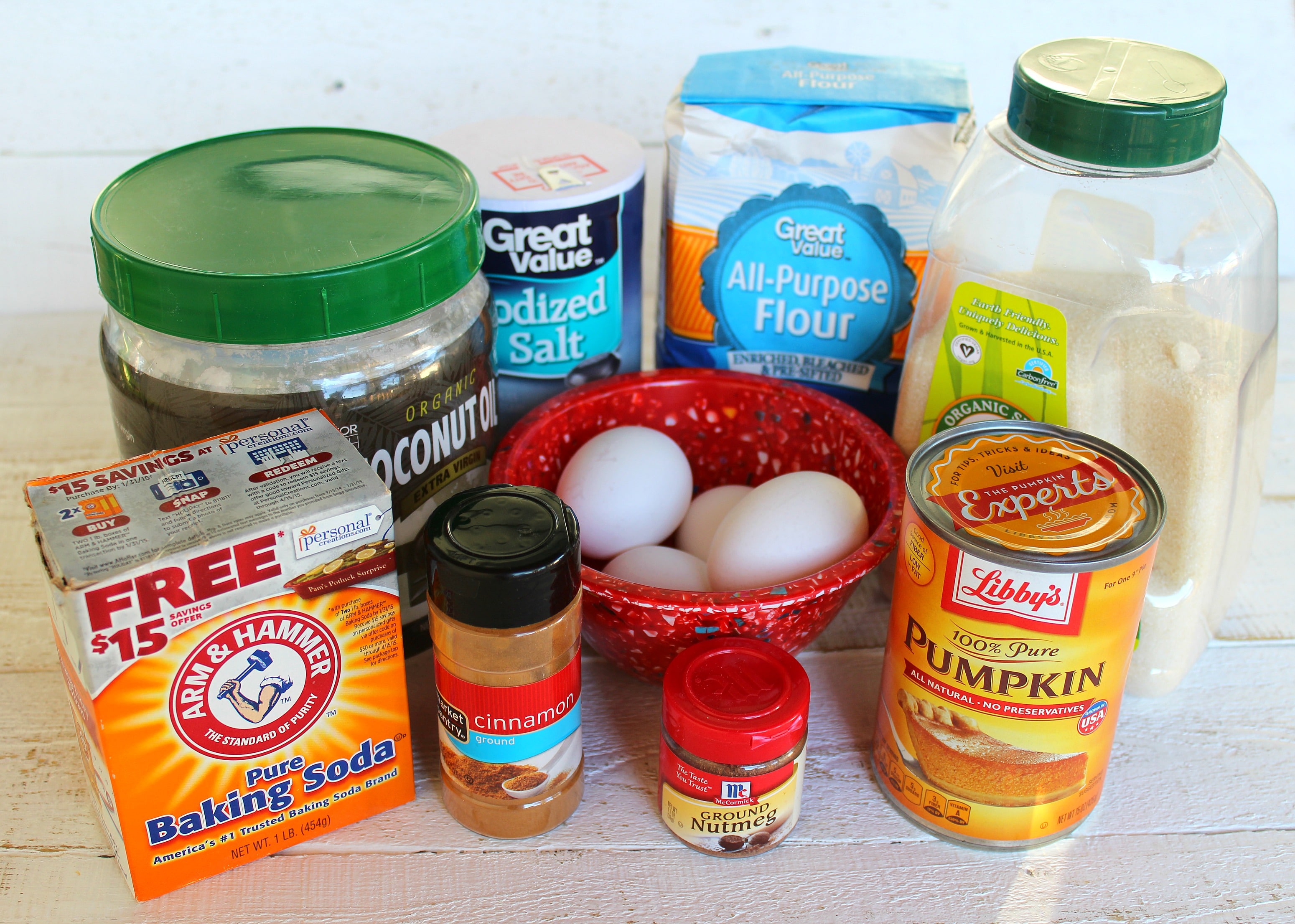 These are all the ingredients you need for this great pumpkin bread: baking soda, cinnamon, nutmeg, pumpkin, flour, salt, coconut oil, sugar and eggs. 