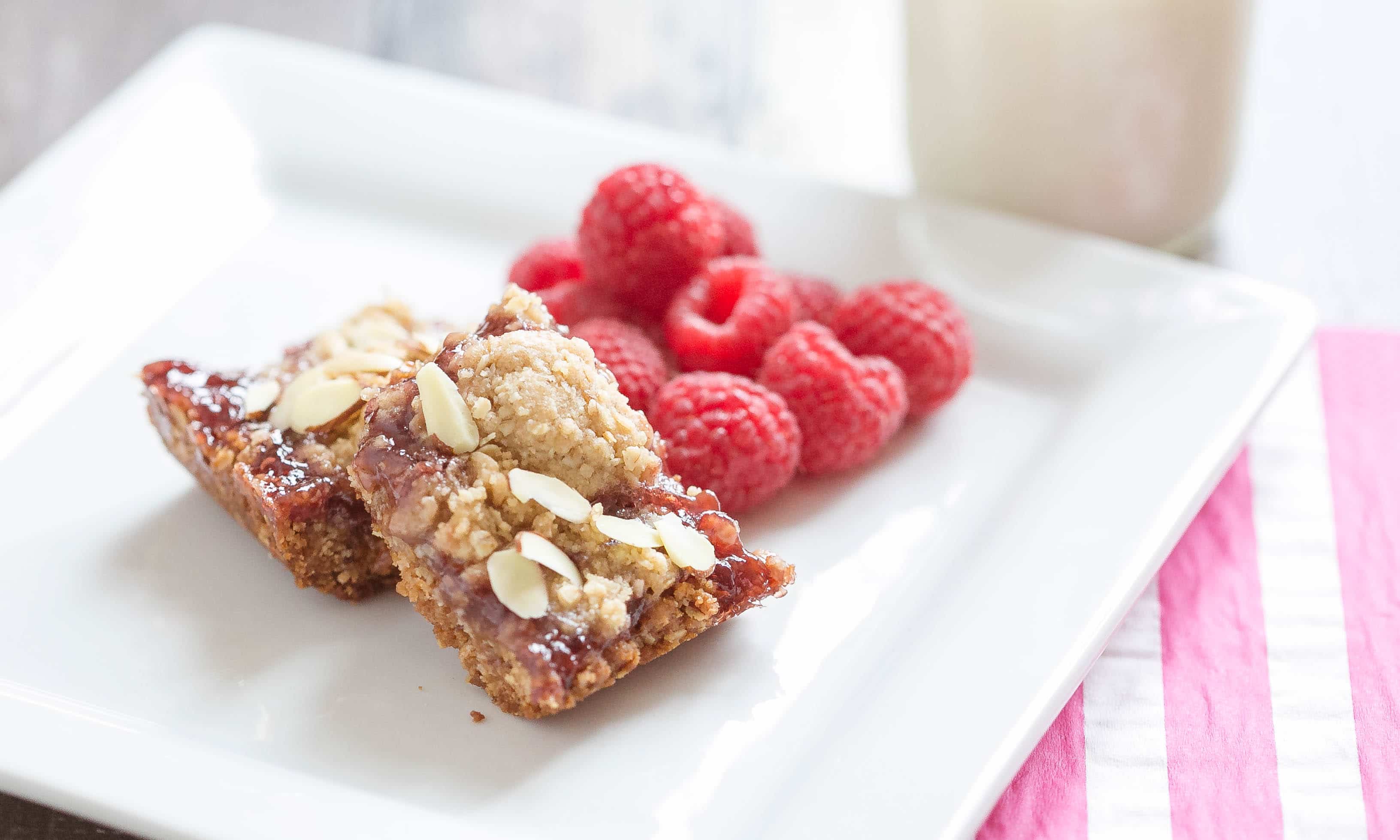 Cut into bars and serve with fresh raspberries. 