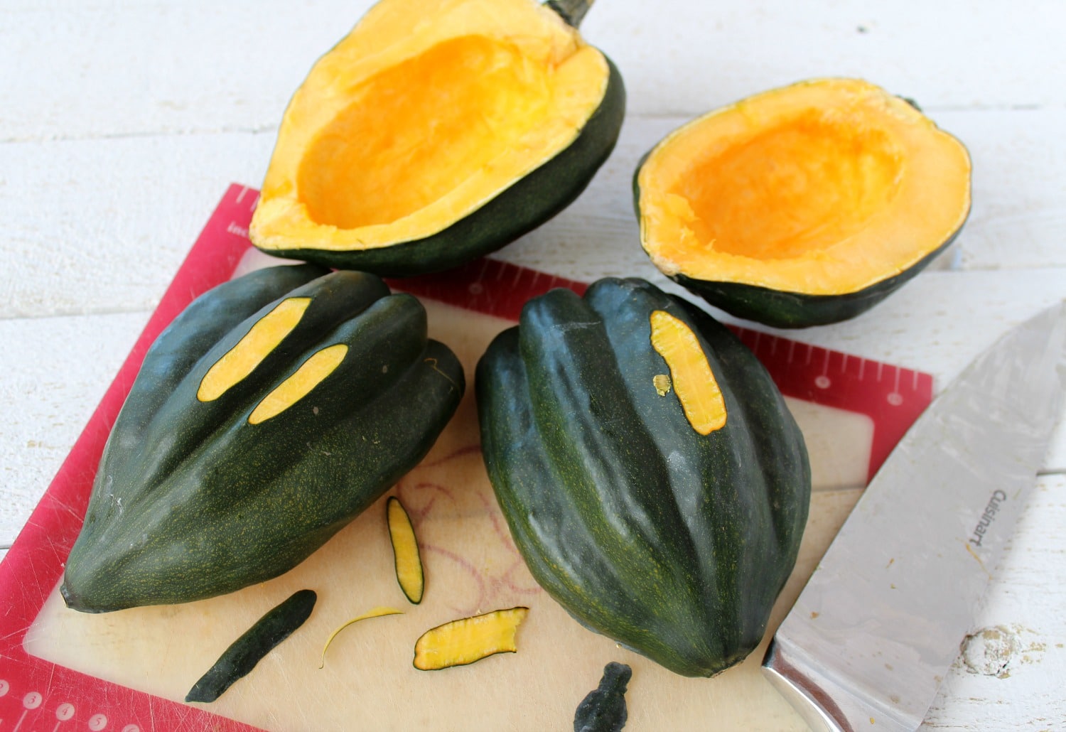 Use a large knife to cut surfaces so squash lays flat. 