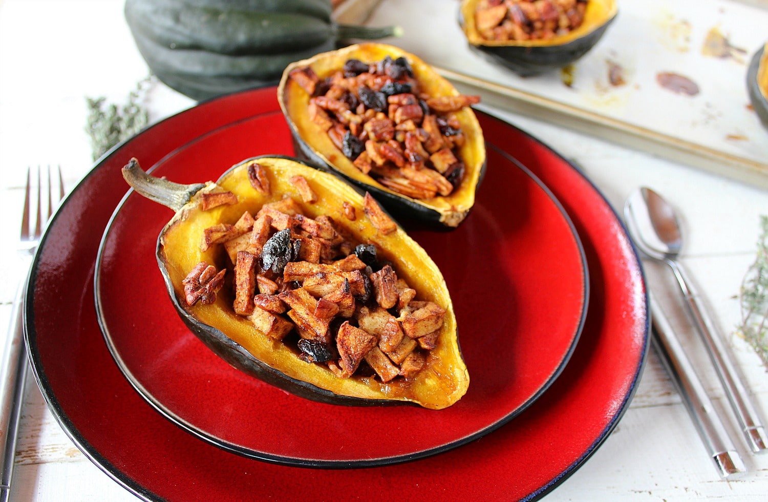 Serve baked stuffed acorn squash on plate. 