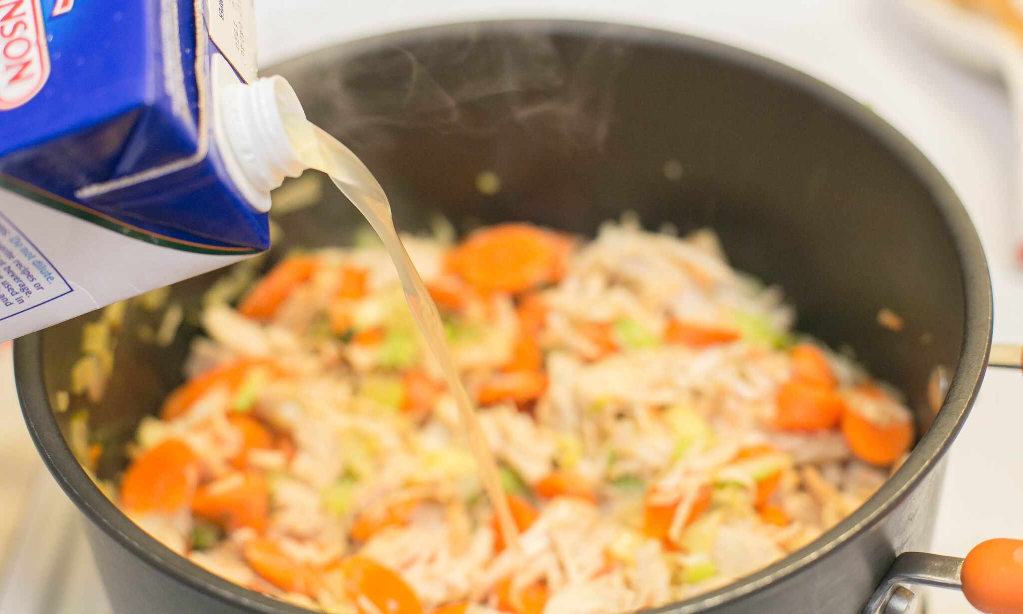 Turkey & Rice Soup | Add chicken broth and simmer for 1-2 hours. 