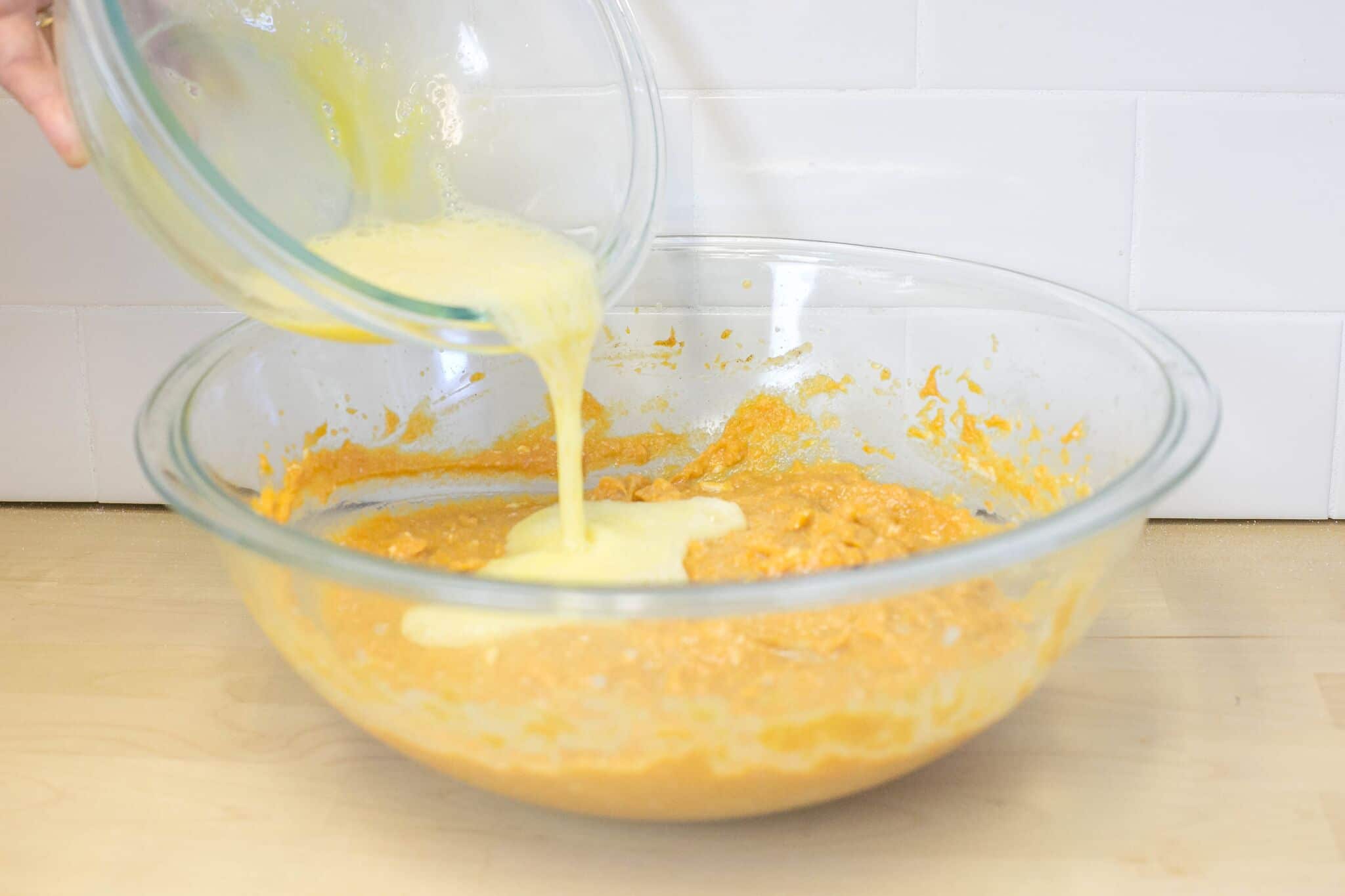 Add beaten eggs to pie mixture and mix well.