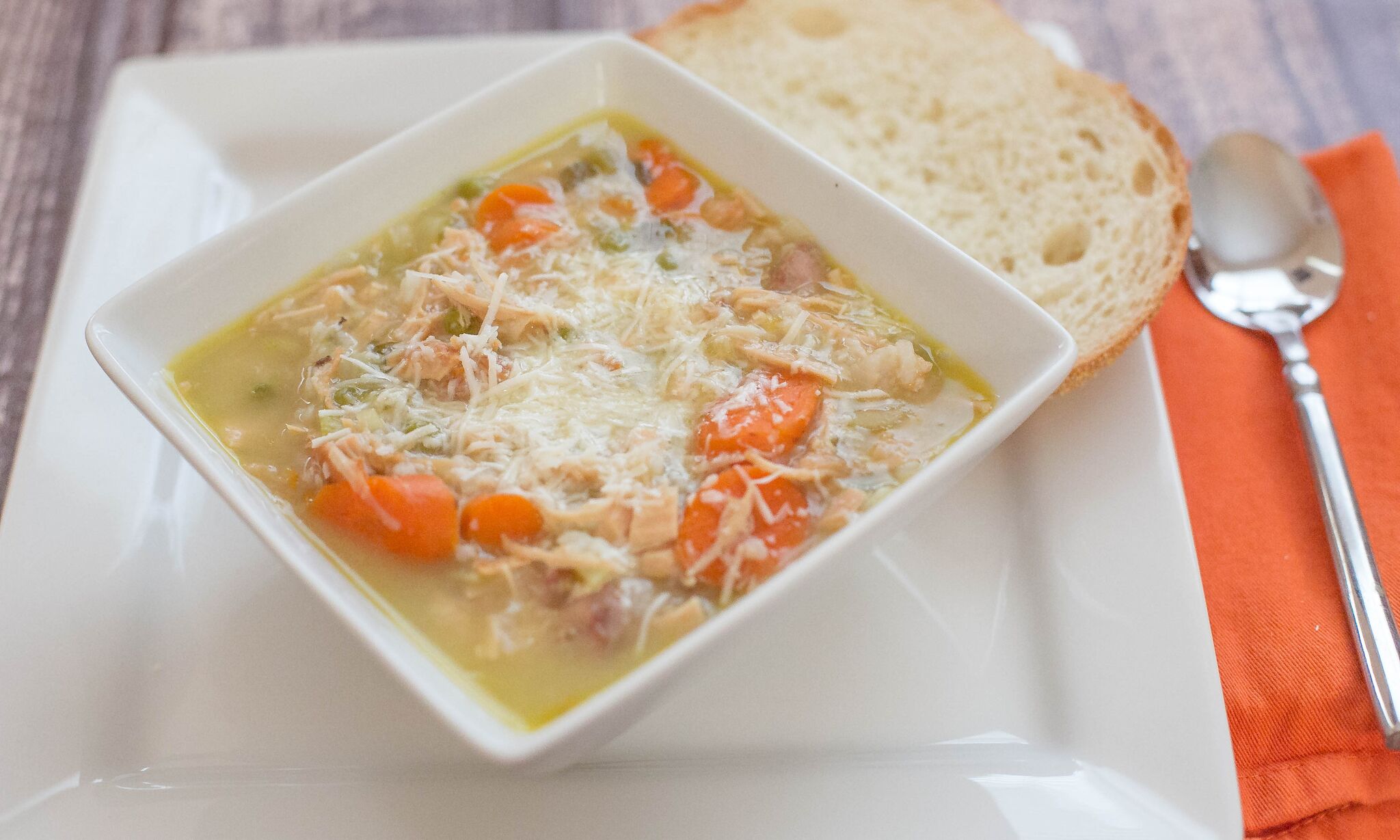 Turkey & Rice Soup | Serve this soup in a bowl topped with shredded parmesan cheese and with a slice of bread. 