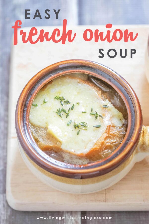 This ridiculously easy French Onion Soup comes together fast, then goes straight from the freezer to the slow cooker for an effortless meal that still feels extra special. Perfect for lunch or dinner. #crockpot #soup #wintersoups #frenchonionsoup #healthydinner #quickdinner #freezercooking #foodmadesimple #30minutemeal #homemade 