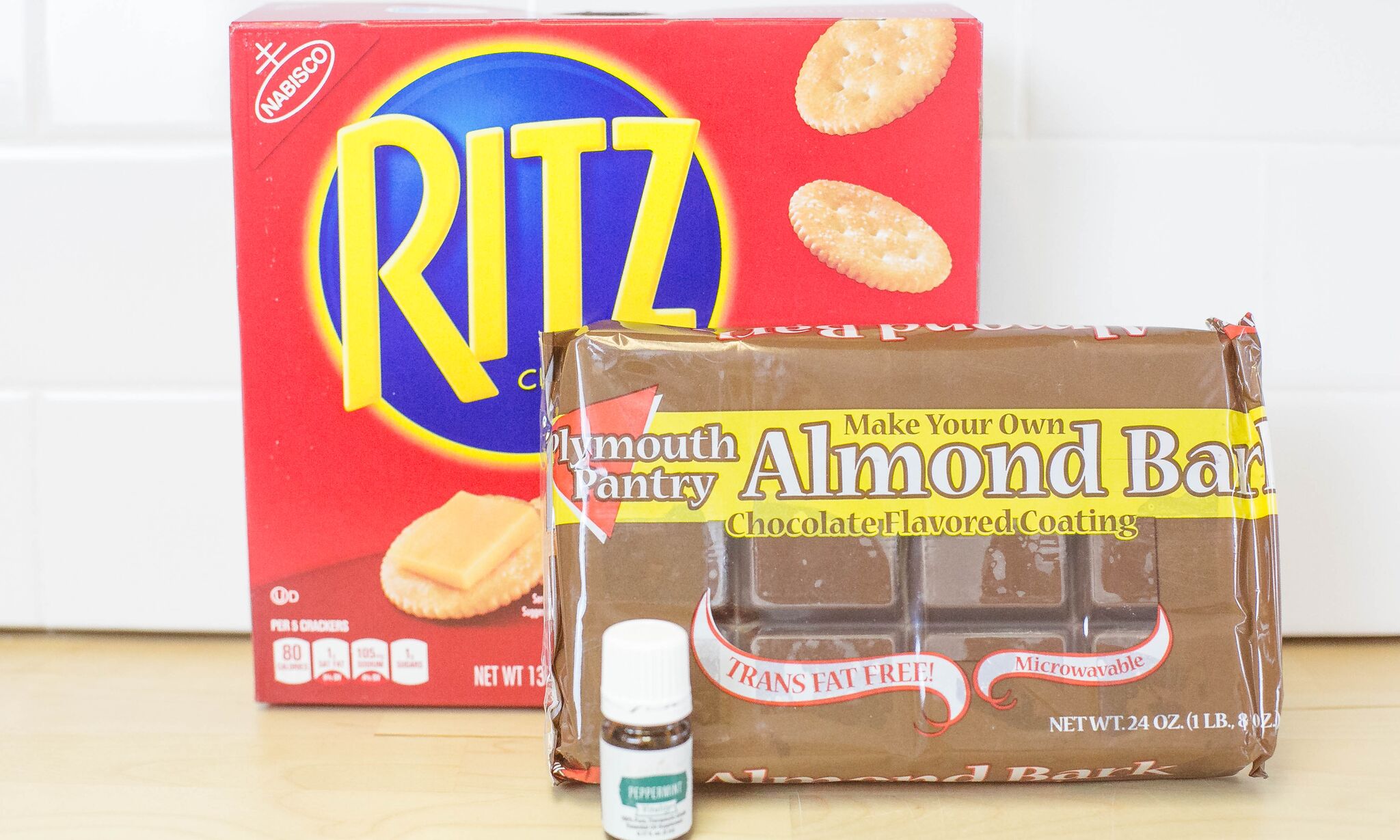 Assemble your ingredients: Ritz crackers, package of chocolate almond bark and Peppermint Vitality Essential Oil or peppermint extract.
