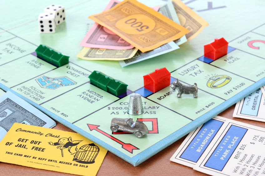 A game of Monopoly set up and ready to go. 