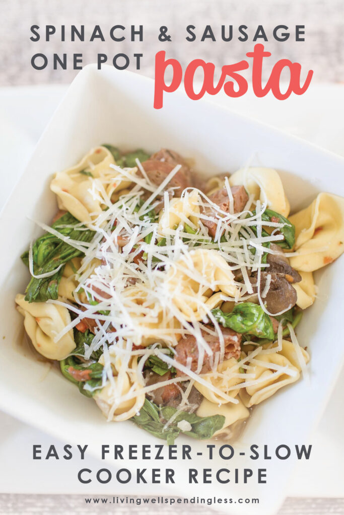 This delicious spinach & sausage one pot pasta dish is the perfect way to get dinner on the table in record time! It comes together in minutes and is freezer friendly too! #onepotpasta #comfortfood #freezerfriendlyrecipe #fallflavors