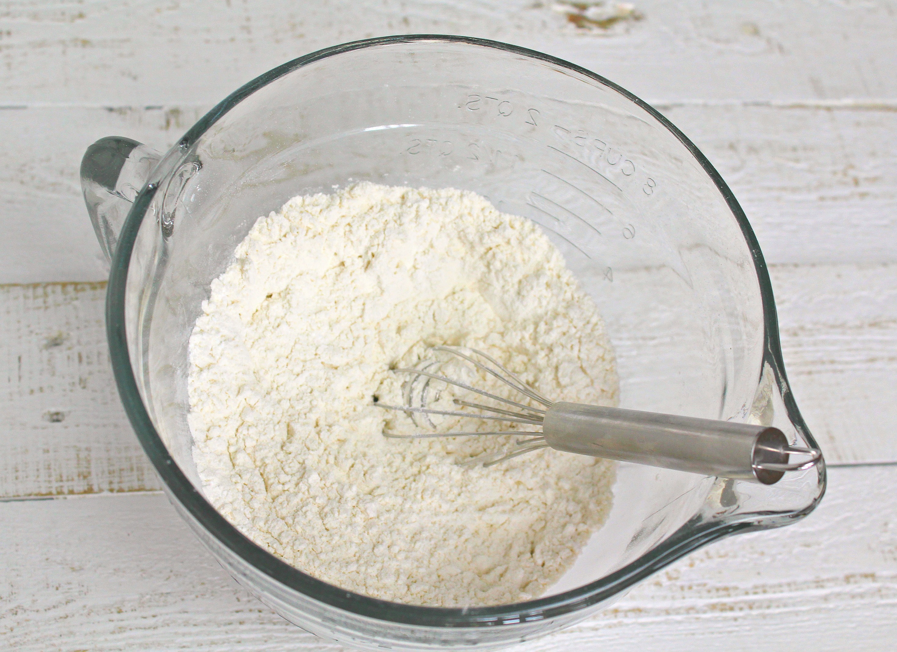 In a large bowl whisk together flour, baking powder, salt.