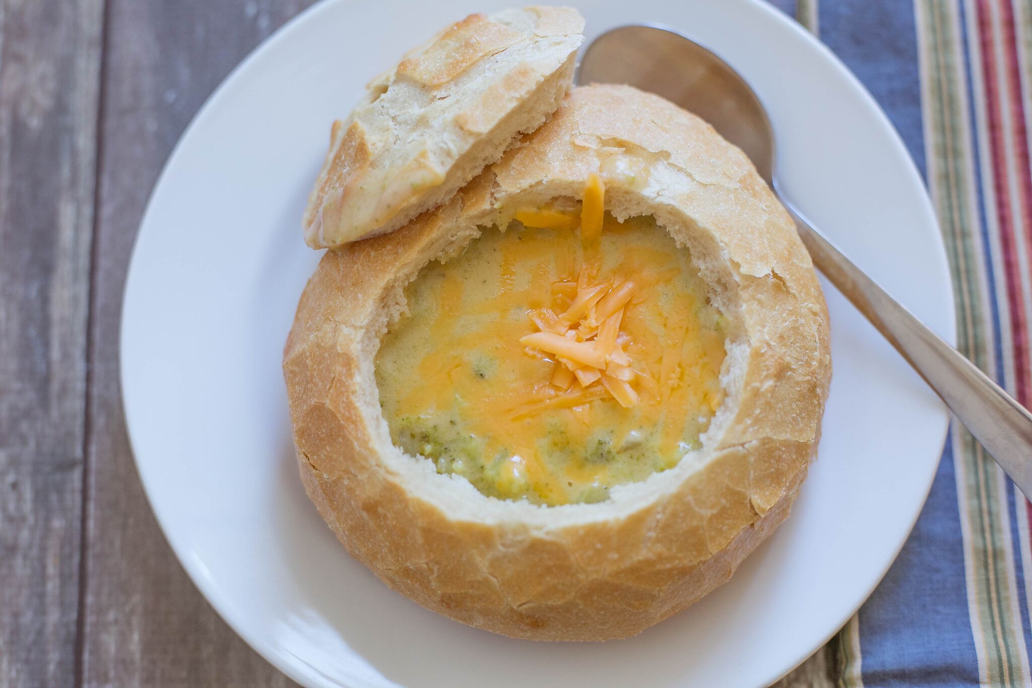 A perfect way to serve this broccoli cheese soup is in a sourdough bread bowl with a sprinkling of shredded cheese on top. 