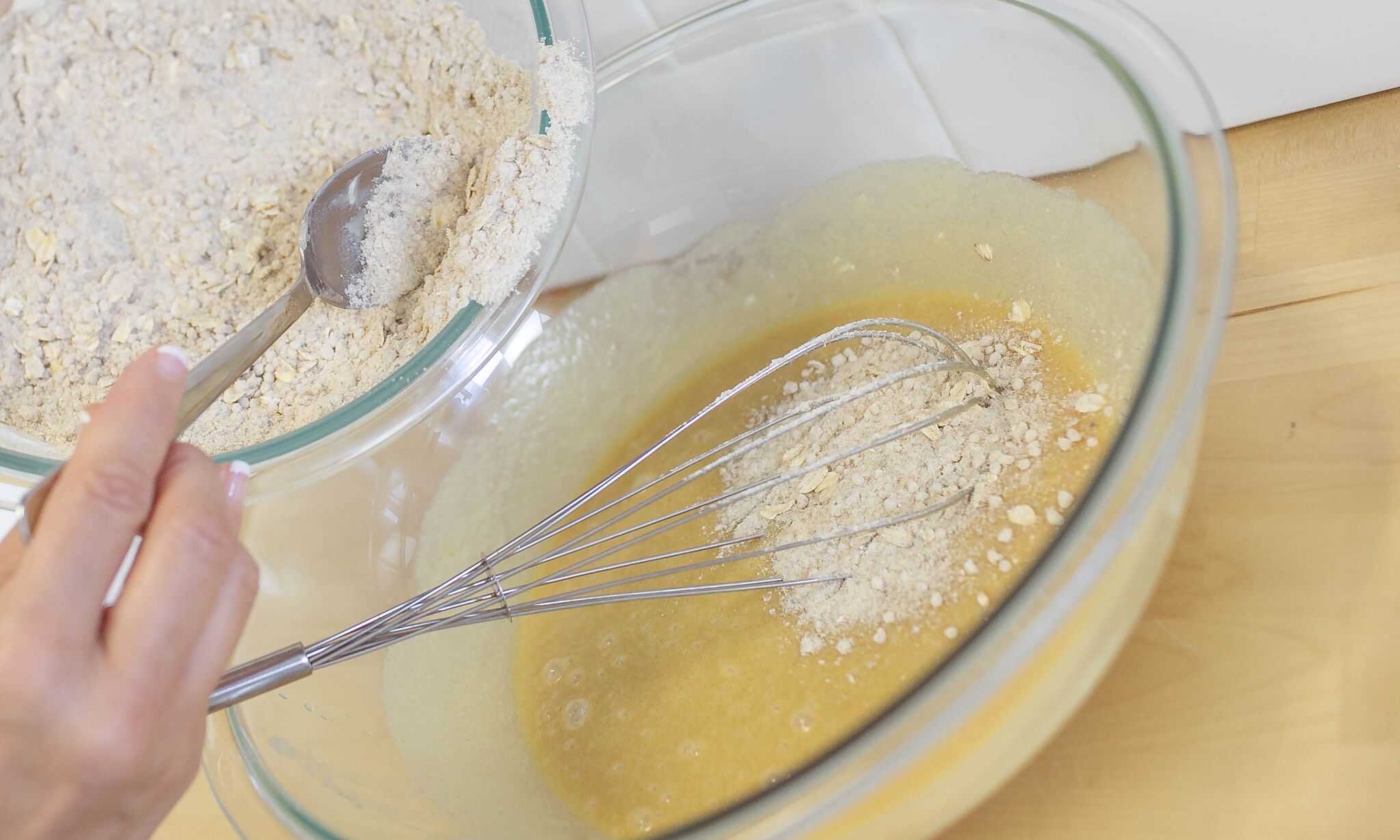 Add dry ingredients into wet ingredients, until all is combined.
