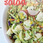 This beautiful Cauliflower & Broccoli Slaw Salad brings all the fresh flavors of spring to your table. Fresh veggies, herbs and a deliciously light dressing make this a must try! Best of all, it comes together in less than 10 minutes for a simple savory dish your whole family will love!