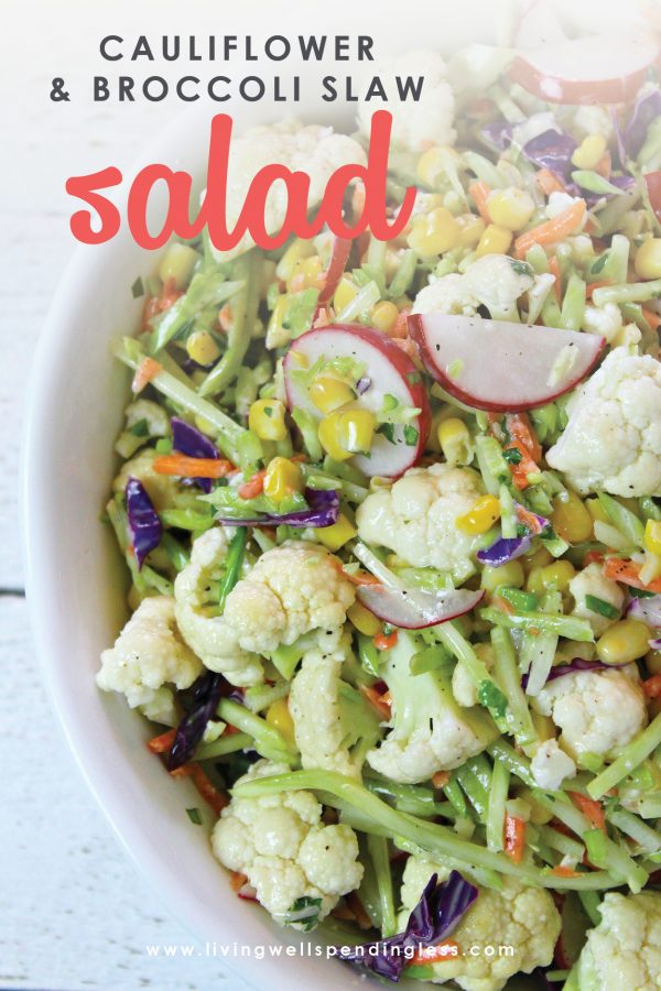 This beautiful Cauliflower & Broccoli Slaw Salad brings all the fresh flavors of spring to your table. Fresh veggies, herbs and a deliciously light dressing make this a must try! Best of all, it comes together in less than 10 minutes for a simple savory dish your whole family will love!