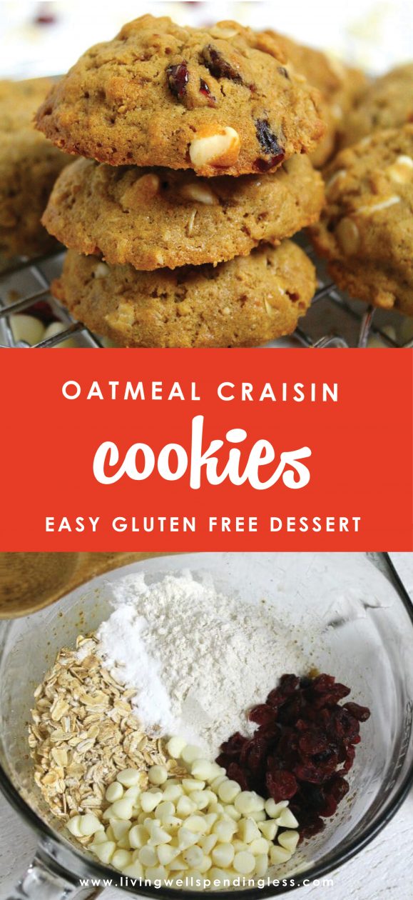 Nothing says love like soft oatmeal cookies. Tangy dried cranberries, sweet white chocolate chips and chewy oatmeal come together for a cookie so good, you'll never believe it's gluten-free! It might just be the perfect cookie!