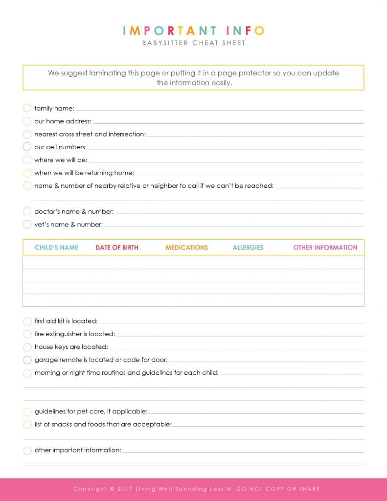 Baby Sitter Cheat Sheet - Use this free printable to give your babysitter all important information they may need while watching your kids